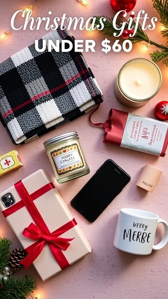 A collection of affordable Christmas gifts under $60, featuring a cozy blanket, candle, phone charger, and mug on a festive background.